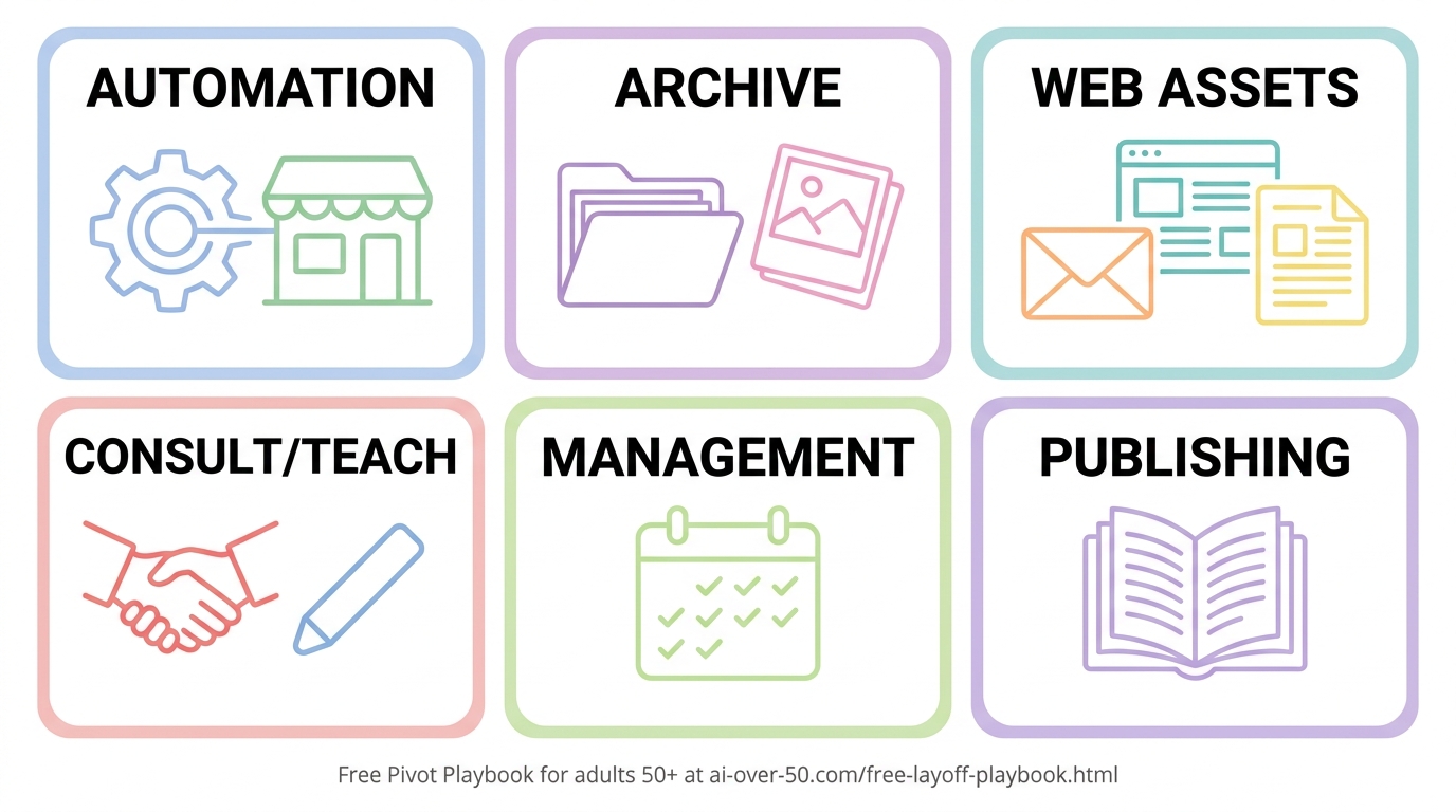 Six AI income streams adults 50+ can build using free AI tools: Automation, Archive, Web Assets, Consult/Teach, Management, Publishing
